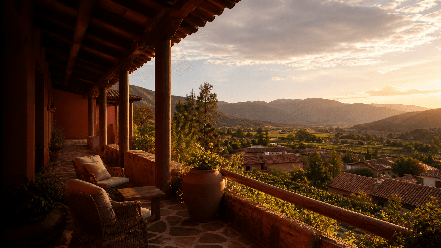 Terraza hotelera con vista al valle de Los Cintis